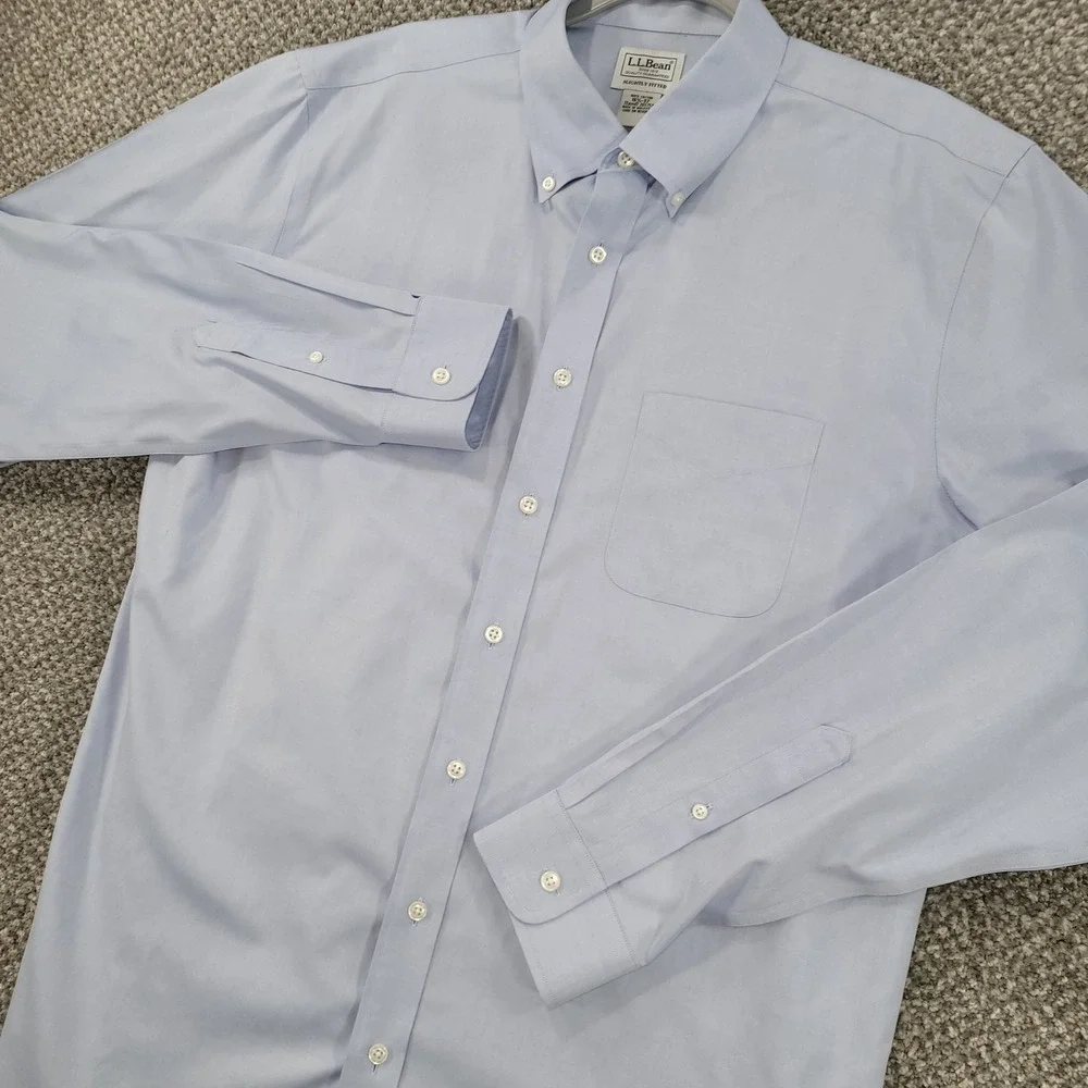 LL Bean Mens Slightly Fitted Oxford Shirt Blue Cotton Button Down 16.5-37 265753